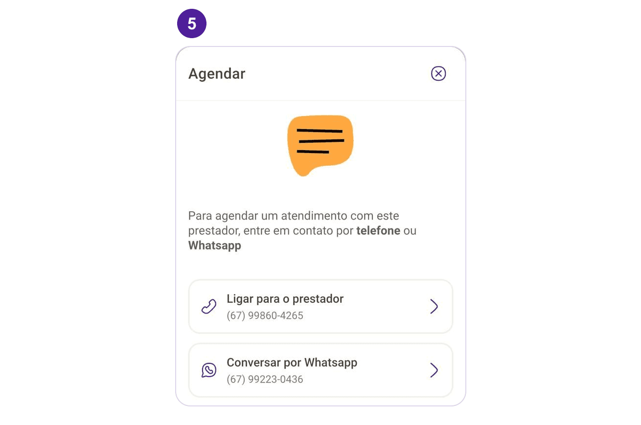 Janela "Agendar" do app Petlove: "Para agendar um atendimento com este prestador, entre em contato por telefone ou Whatsapp", com os botões "Ligar para o prestador" e "Conversar por Whatsapp".